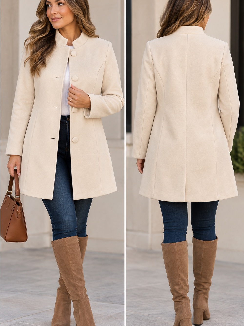 SHEIN Cream Ivory Coat Size L Minimalist Button Front Long Sleeve